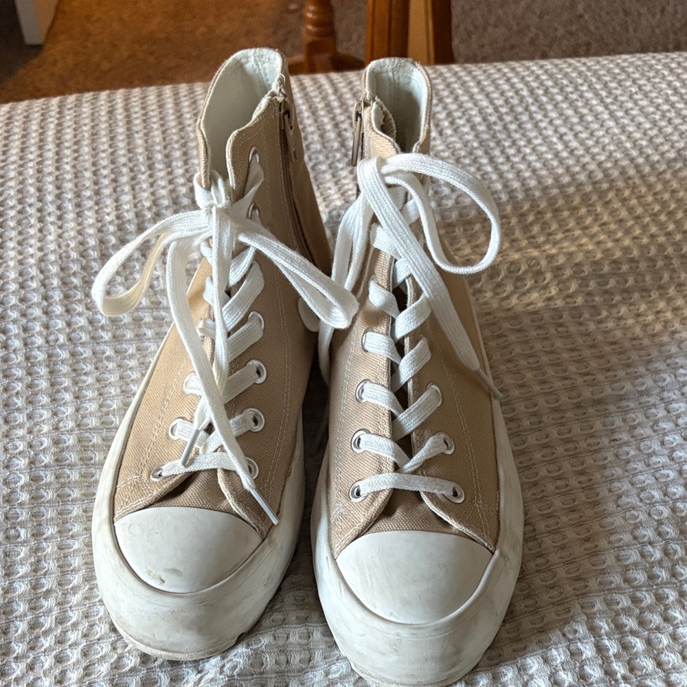 Sincerely Jules High-Top Canvas Sneakers in Tan and White